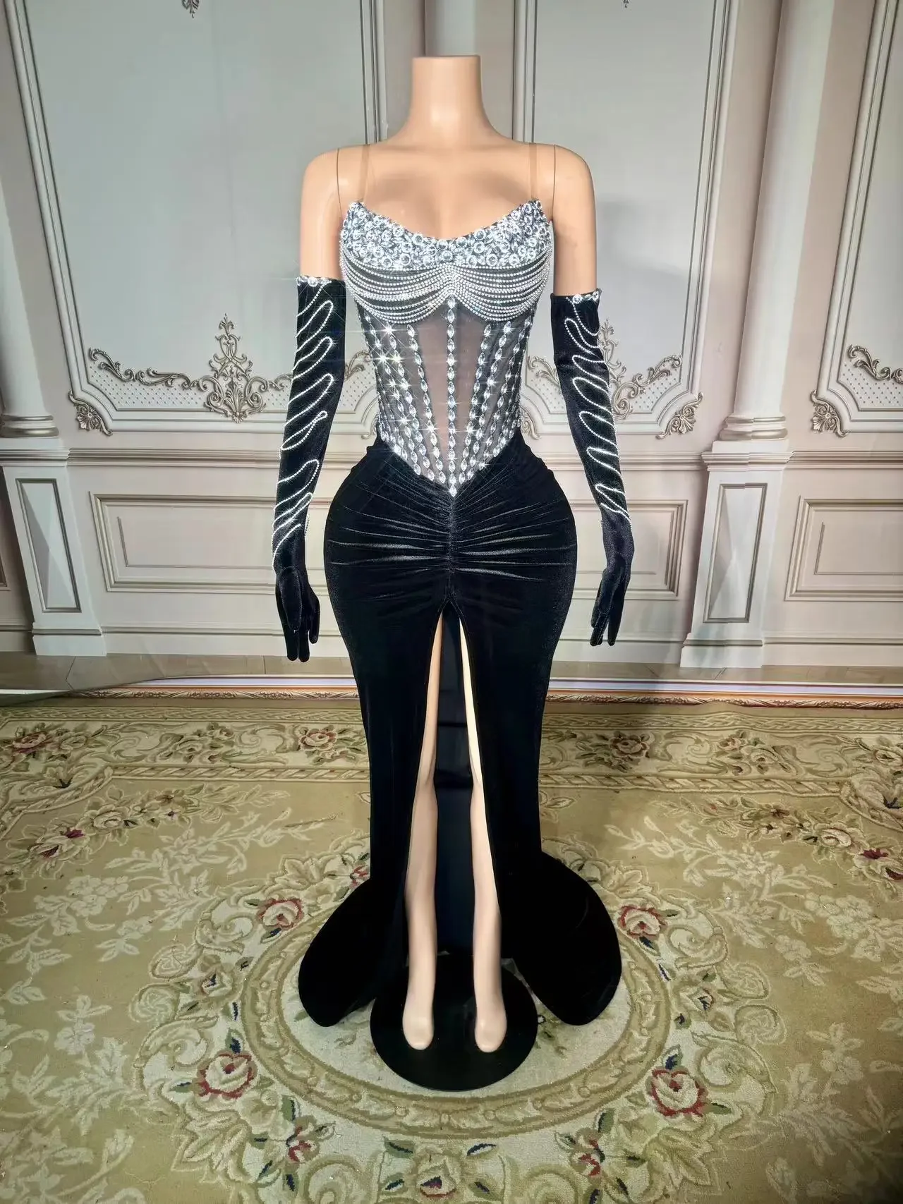 Transparent Mesh Slim Long Sleeve Women Dress Fashion Black Velvet Long Dress  Nightbar Club Party Dinner Wear Stage Costume