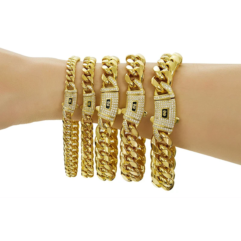 6-14mm Bling Gold Color Stainless Steel Cuban Miami Chains Necklaces CZ Zircon Box Lock Link Chain for Men Hip Hop Rock jewelry