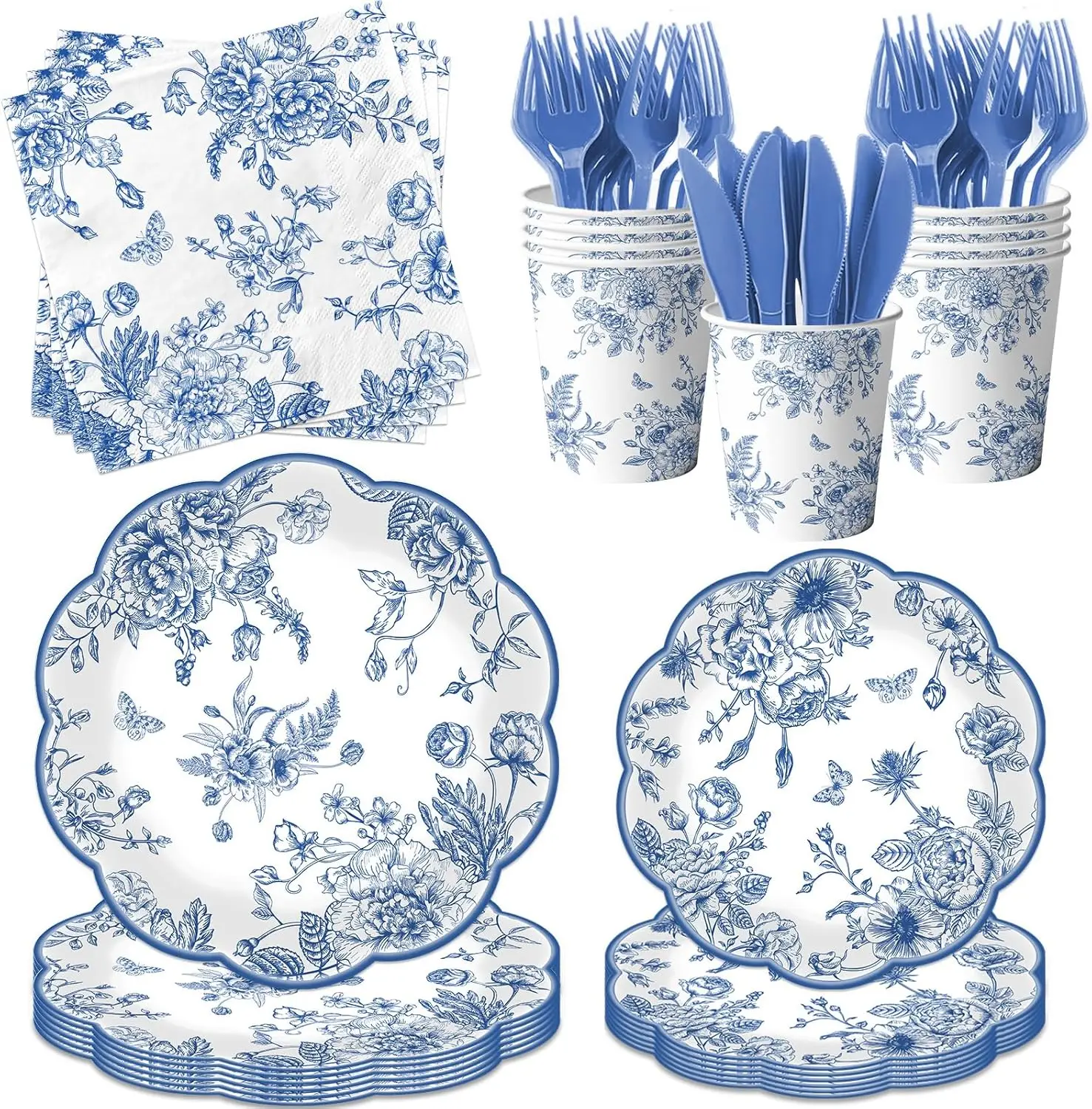 

Blue Floral Plates, 144Pcs Blue Toile Scalloped Paper Plates and Napkins includes Flower Paper Plate and Flower Napkins, Vintage
