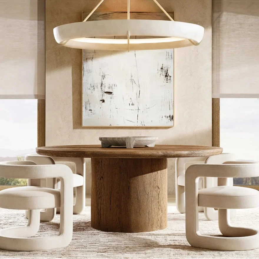 フランスの田舎風レトロ無垢材丸型ダイニングテーブル侘び寂びスタイルモダンシンプルオーク材西洋風ダイニングテーブル家庭用