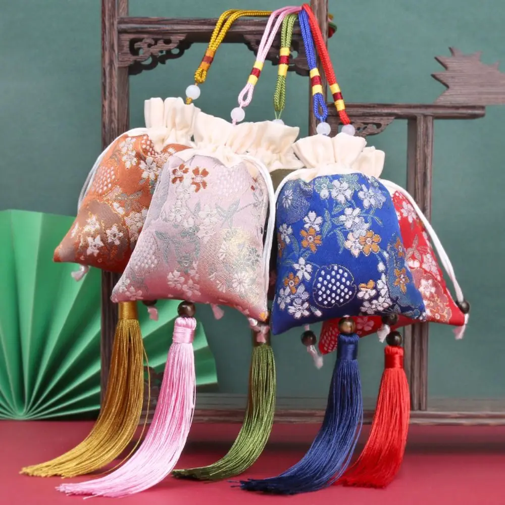 Floral Flower Tassel Drawstring Bag Beaded Large Capacity Chinese Style Sachet Bag Bedroom Decoration Mini Coin Purse