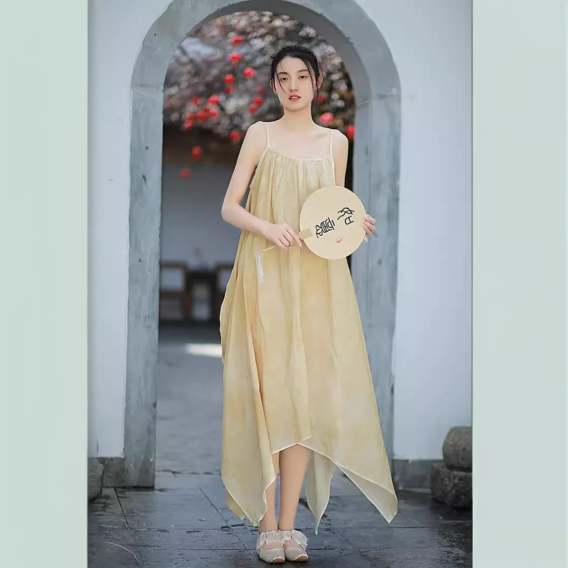 UMI MAO New Dress Elegant Women  Cool New Chinese Irregular Design Plant Dyed Sling Dress All Cotton Zen Style Femme