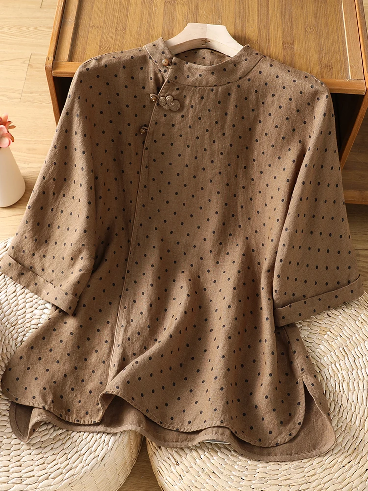 

New Chinese Style Cotton Linen Polka Dot Print Short Sleeve Shirt Women Summer Loose Slimming Top Button up Blouse