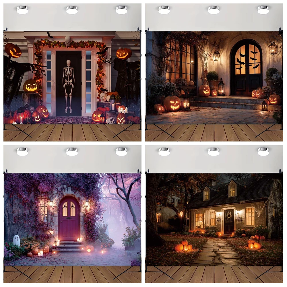 

MOON.QG Decoration Halloween 2025 Backdrop Wreaths Ghost Banners House Porch Photography Background Shooting Props Portrait