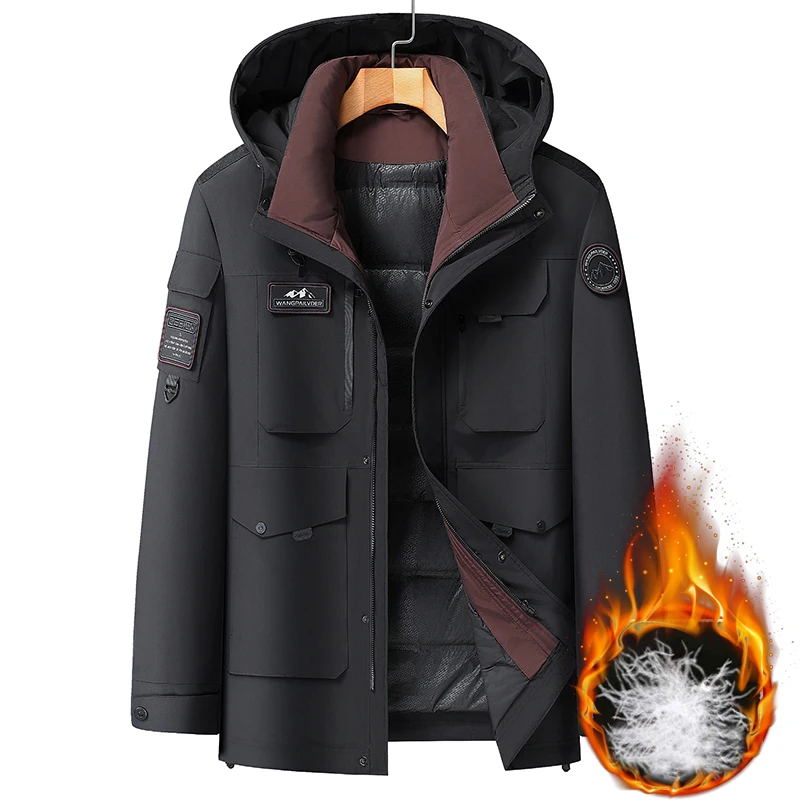 

Классическая зимняя мужская куртка на утином пуху с капюшоном, большие размеры 3XL-8XL, уличная ветрозащитная одежда, теплое пальто-пуховик, верхняя одежда с толстой подкладкой