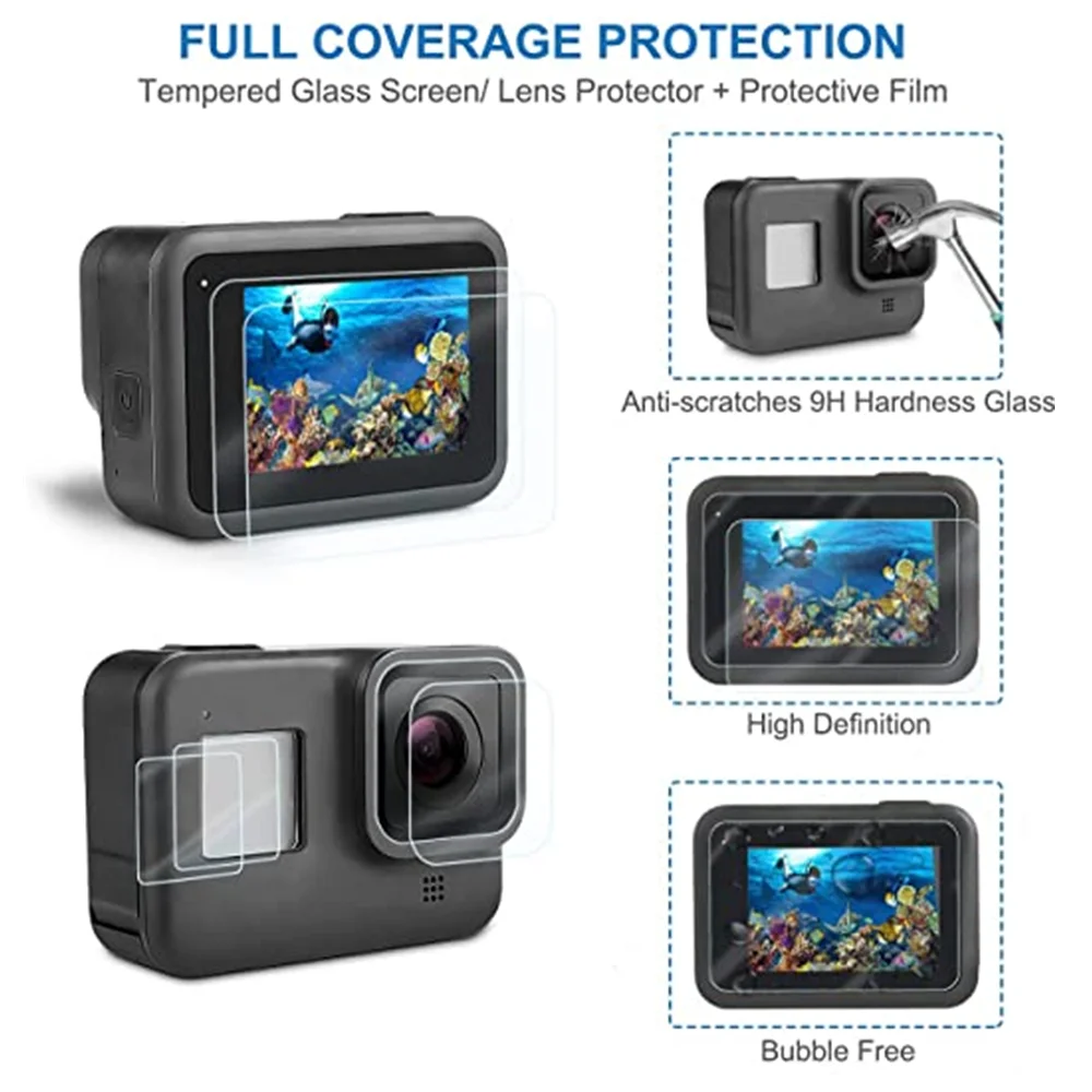 3PCS obiettivo della fotocamera pellicola in vetro temperato pellicola protettiva per schermo HD pellicola protettiva antipolvere per videocamere sportive GoPro 8