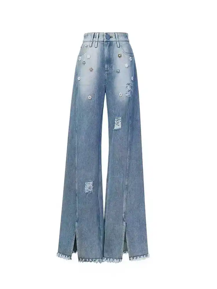 

Blue Womens Jeans High Waist Vintage Straight Baggy Denim Pants Streetwear American Design Sense Fashion Wide Leg Denim Trouser