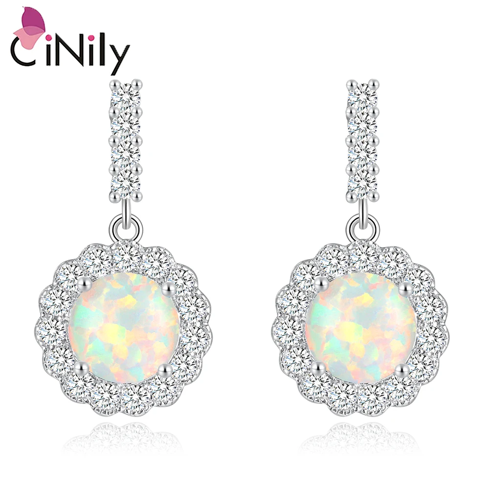 CiNily Creted White Fire Opal Stud Earrings with Cubic Zirconia Silver Plated Fashion Jewelry for Women Wedding Flower Earrings