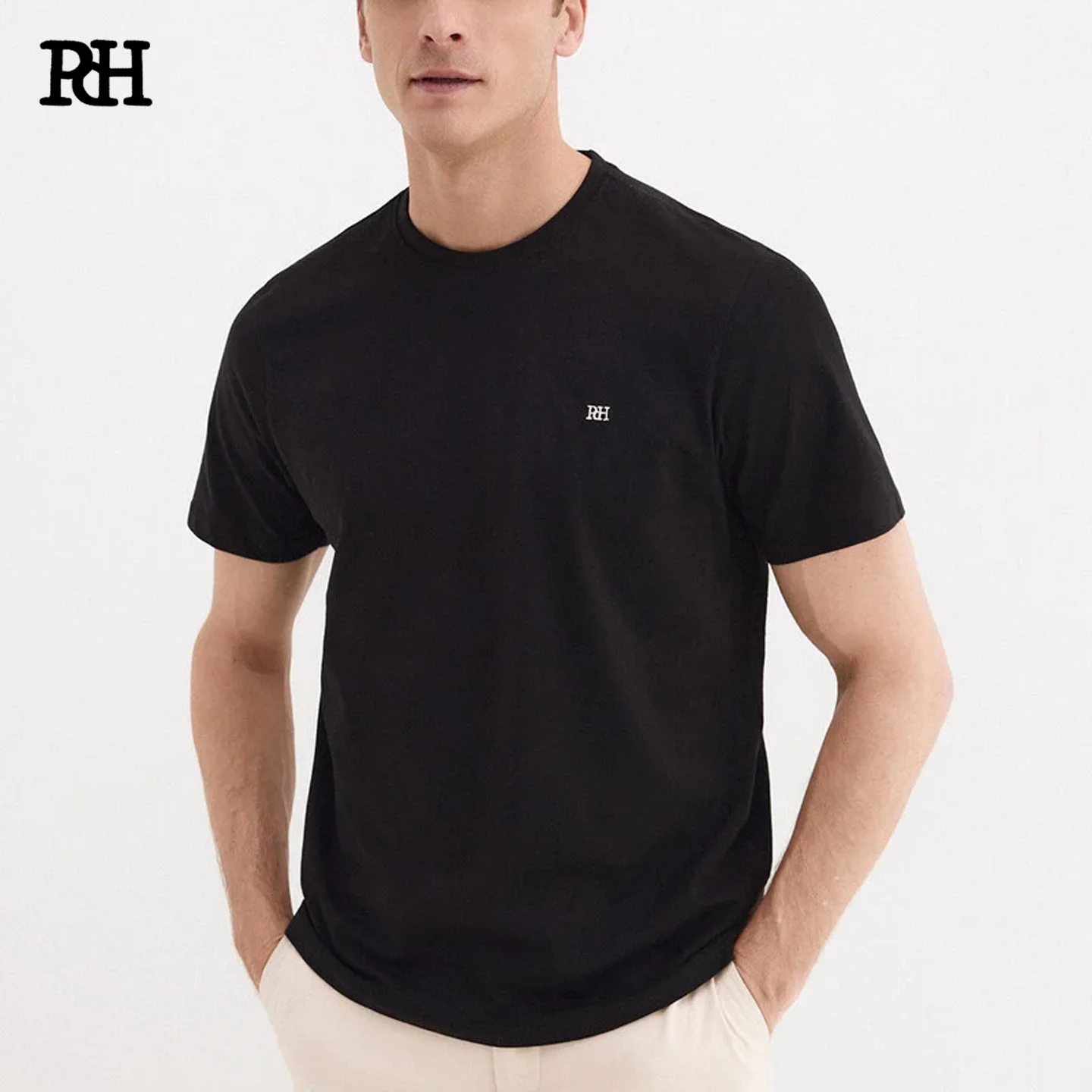 PDH Men Crew Neck Short Sleeve T Shirt Simple White Embroidered Logo Basic Casual Daily Wear Soft Cotton Tee Top Blouse