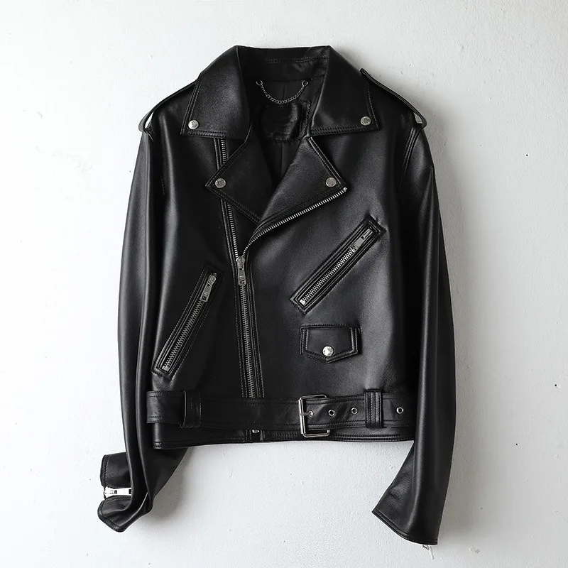 2024 Women's New Genuine Sheepskin Leather Coat Lapel Zipper Casual All-match Motorcycle Jacket E34