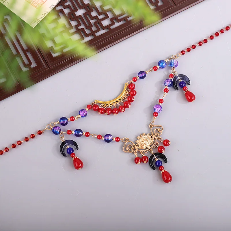 Y2k Red And Blue Contrast Color Tang Style Wreaths Collars Dunhuang Style Short Tassel Necklace Chest-Length Skirt Han Clothing