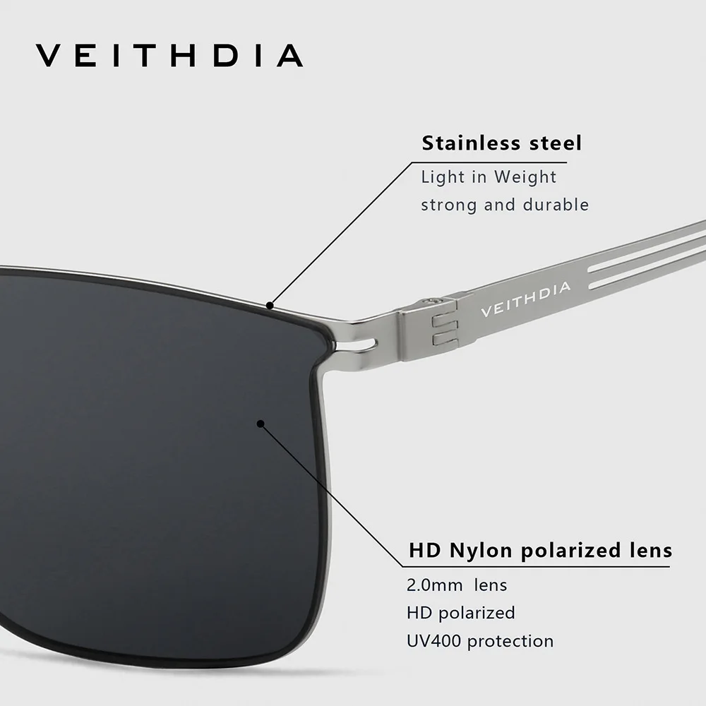 VEITHDIA Occhiali da sole moda uomo nuovo arrivo Nylon polarizzato UV400 Lenti Montatura in metallo Occhiali da vista rettangolari per le donne FA08216