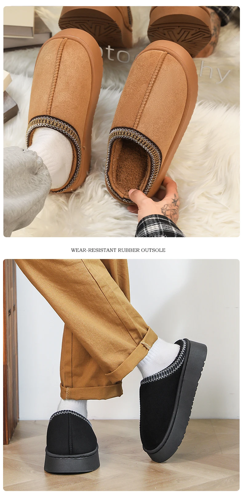Mit Fleece gefütterte, dicksohlige Baumwollhausschuhe für Damen und Herren, für den Innen- und Außenbereich geeignet, mit dicker Sohle, abriebfest, rutschfest, geschlossen. – Detail 8