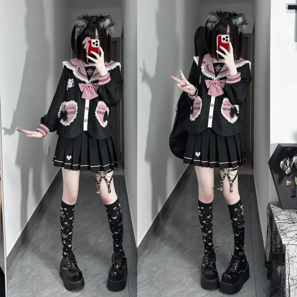 Original Black Pink JK Uniform Suit 2023 Fall New Cute Sailor Collar Bow Tie Long Sleeve Jacket and Short Skirt Two Peice Sets