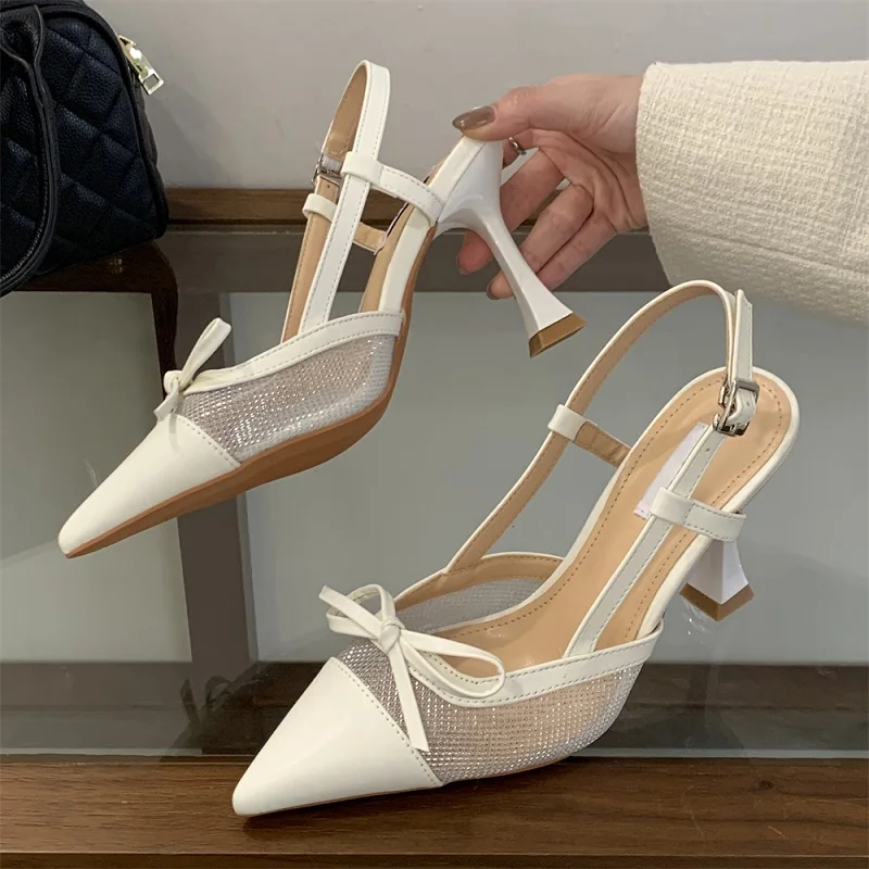 

Aneikeh Elegance Bowknot High Heels Slingback Pumps Women Sexy Pointed Toe Fashion Hollow Out Mesh Ladies Buckle Strap Shoes