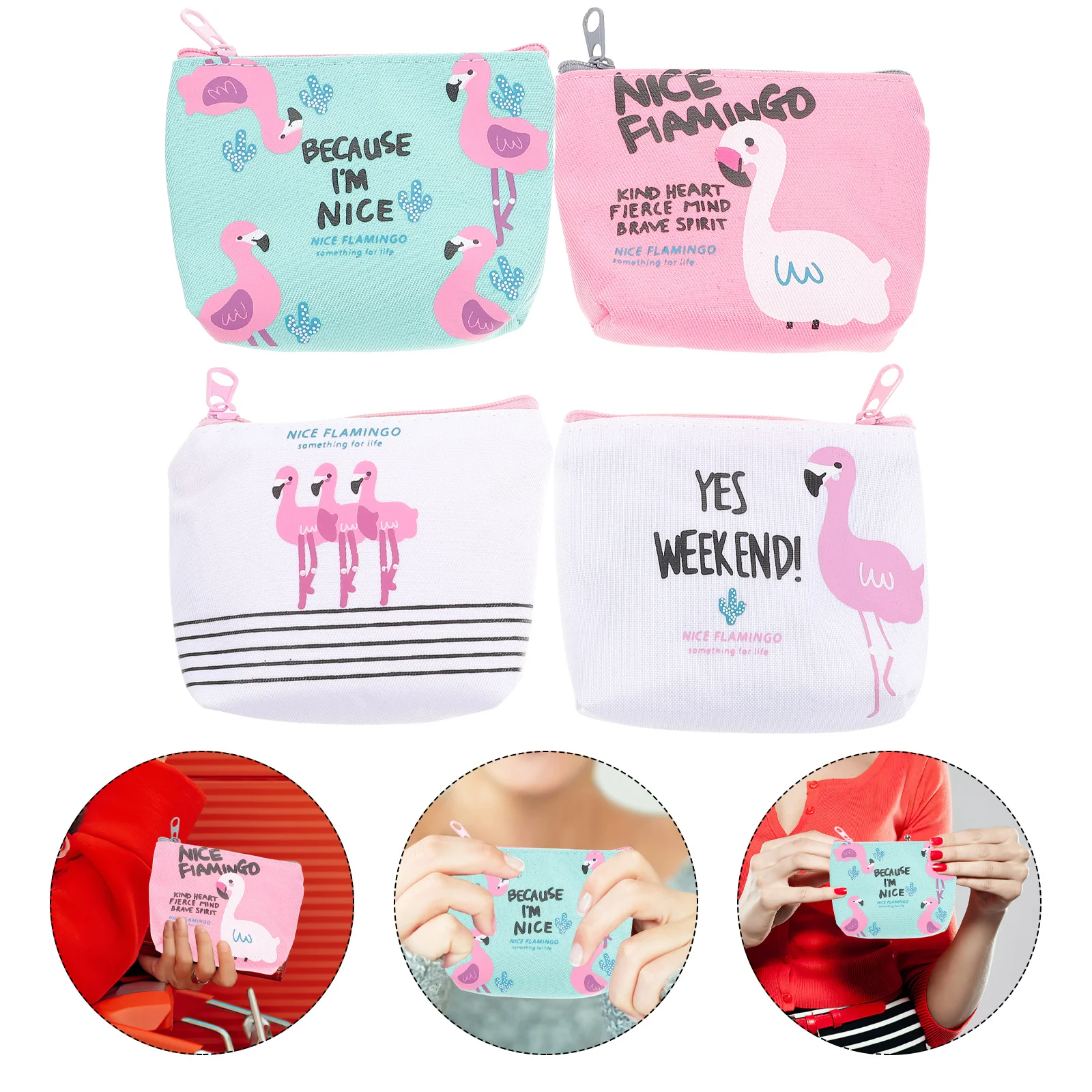 

4Pcs Cartoon Flamingo Canvas Coin Purse Zipper Wallet Small Cosmetics Bag Travel Makeup Pouch 12x9x35cm Coin Purse