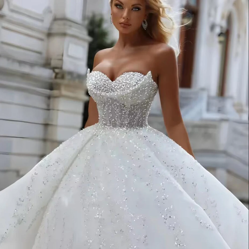 Charming Strapless Wedding Dress Sparkly Sequin Beading Brodal Gown Luxury Ball Gown Long Train Bride Tuxedo Vestidos De Novia