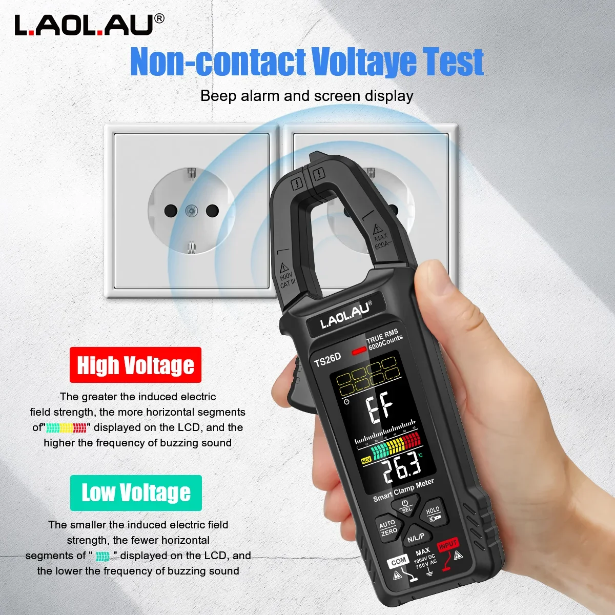 LAOLAU Digitales Zangenmultimeter, Phasenfolge, automatische Reichweite, Farbbildschirm, wiederaufladbar, AC/DC-Strom, elektrischer Tester TS26A TS26D – Detail 7