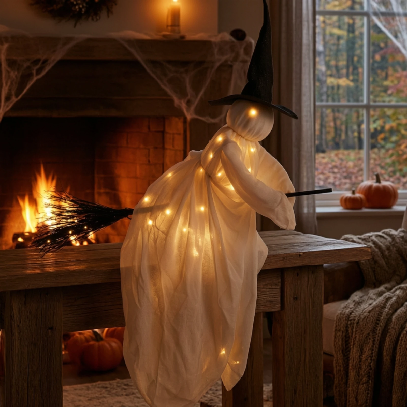 Ghost with Witch Hat and Broom Light-up Hanging Ghost with Broom Halloween Ornament Lighted Decoration Warm Glow for Porch