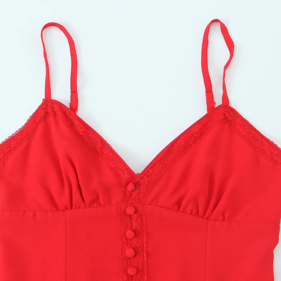 새로운 여성 의류 레이스 버튼 장식 허리 슬림 멜빵 원피스