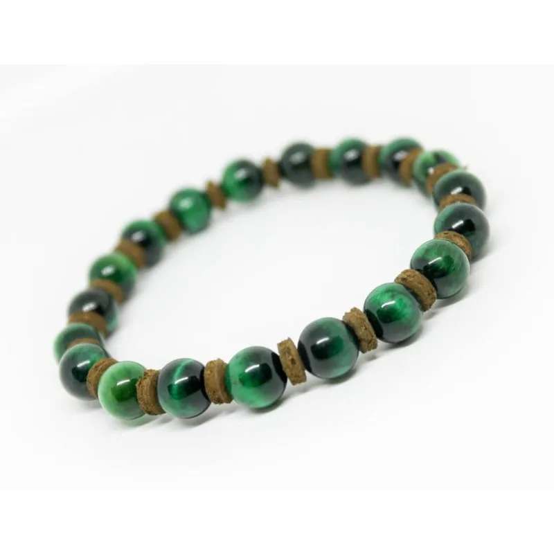 Green tiger's eye & leather men's beaded bracelet, men's gift