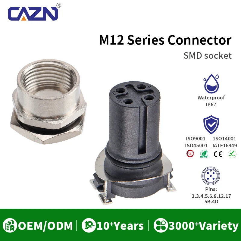 M12 SMD Socket Adapter Male Female 2 3 4 5 6 8 12 17 Pin A/B/D IP67 Surface Mount Through Hole for PCB Assembly & Automation