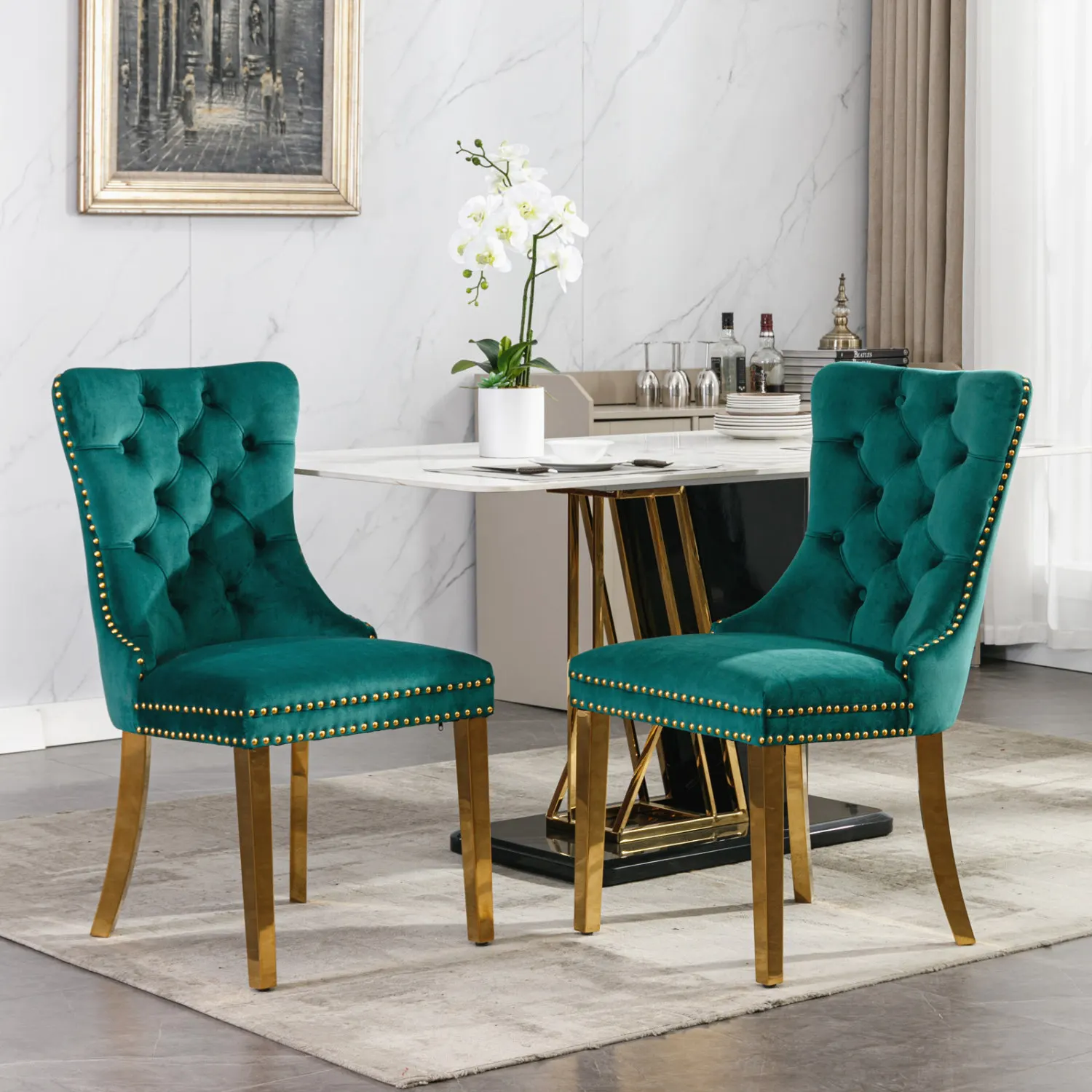 A&A Furniture,Nikki Collection Modern, High-end Tufted Solid Wood Contemporary Velvet Upholstered Dining Chair with Golden Stain