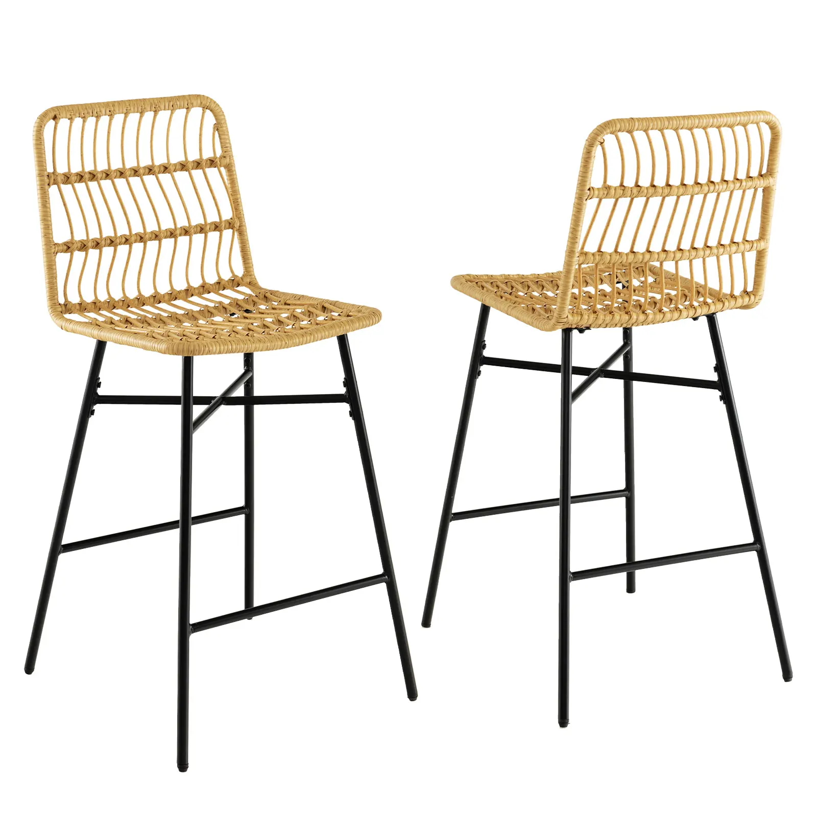 Set of 2 Bar Stool, Bar chairs Rattan, Seat Height 69 cm, with Backrest and Footrest, Metal Frame Bar stool for Dining Room