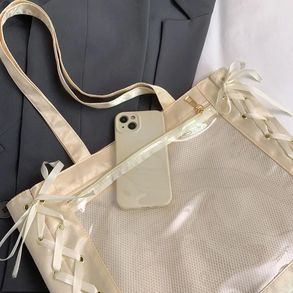 Large Capacity Sweet Ita Tote Bag Clear Front Pocket Bow Ribbon Japanese JK Ribbon Bag Multi-Purpose DIY Women Ribbon Handbag - view 6
