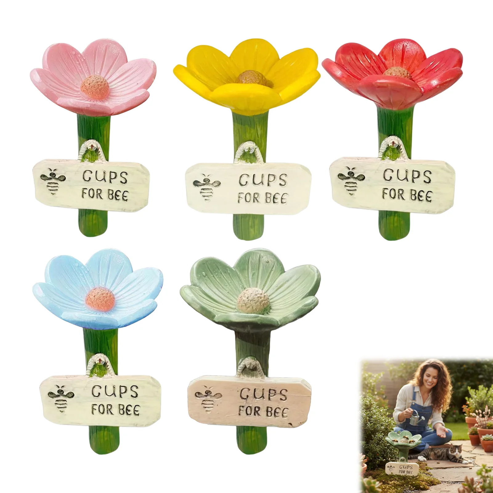 Ceramic Flower Shaped Honeybee Watering Station Garden Decorative Stake Butterfly Feeder Insect Watering Yard Decor