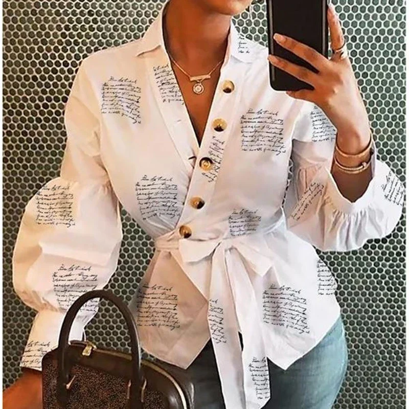 Fashion V-Neck Tops Women Bandage Letter Print Stylish Simple Tops Fall 2021 Long Sleeve Streetwear Outfit Female Casual Clothes