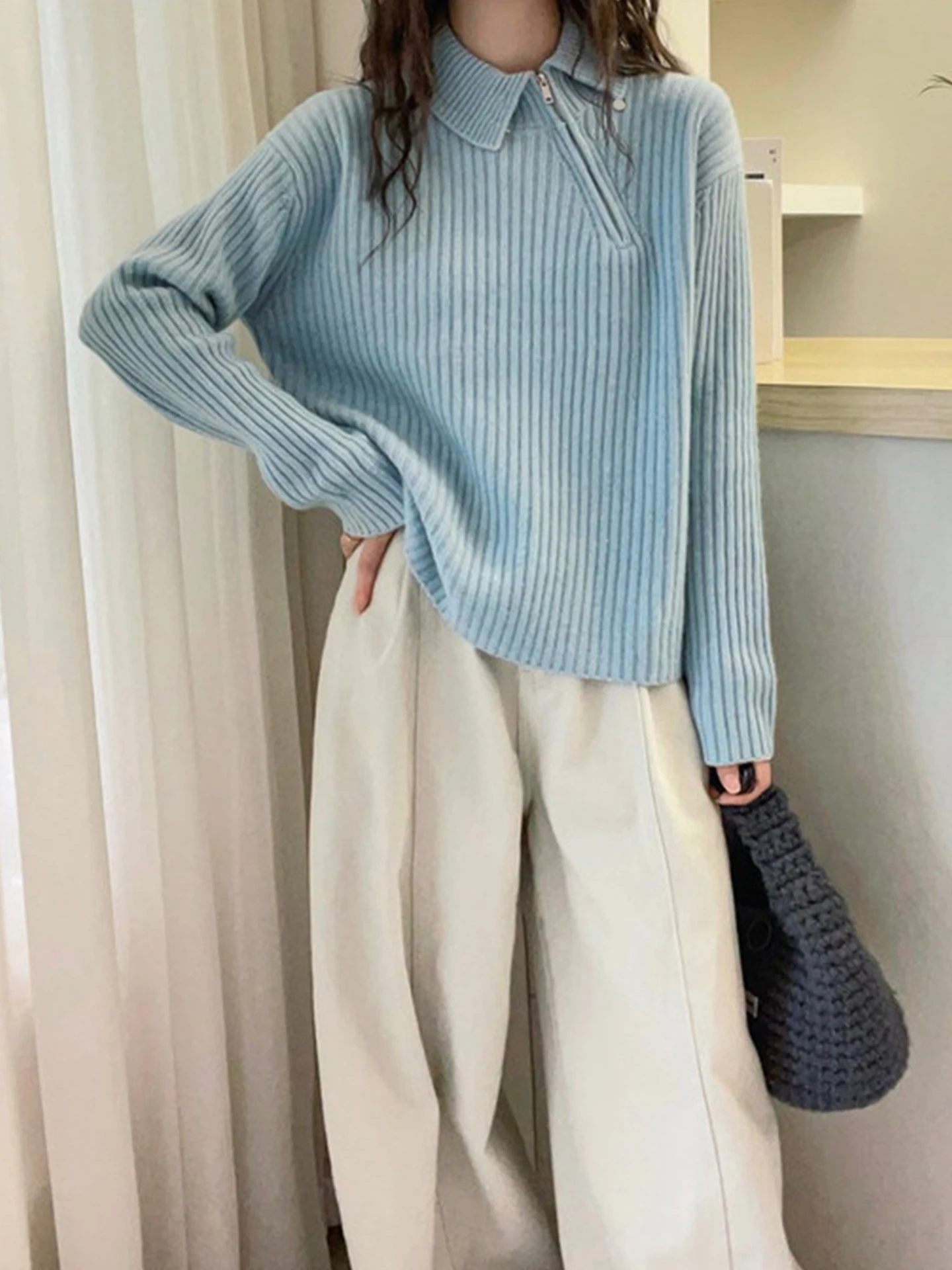 Damen Faionable Pure Color Camere Pullover Loose Long Sve Overhead Strickoberteil Schlankheitsstreifen Winter SLE Damen...