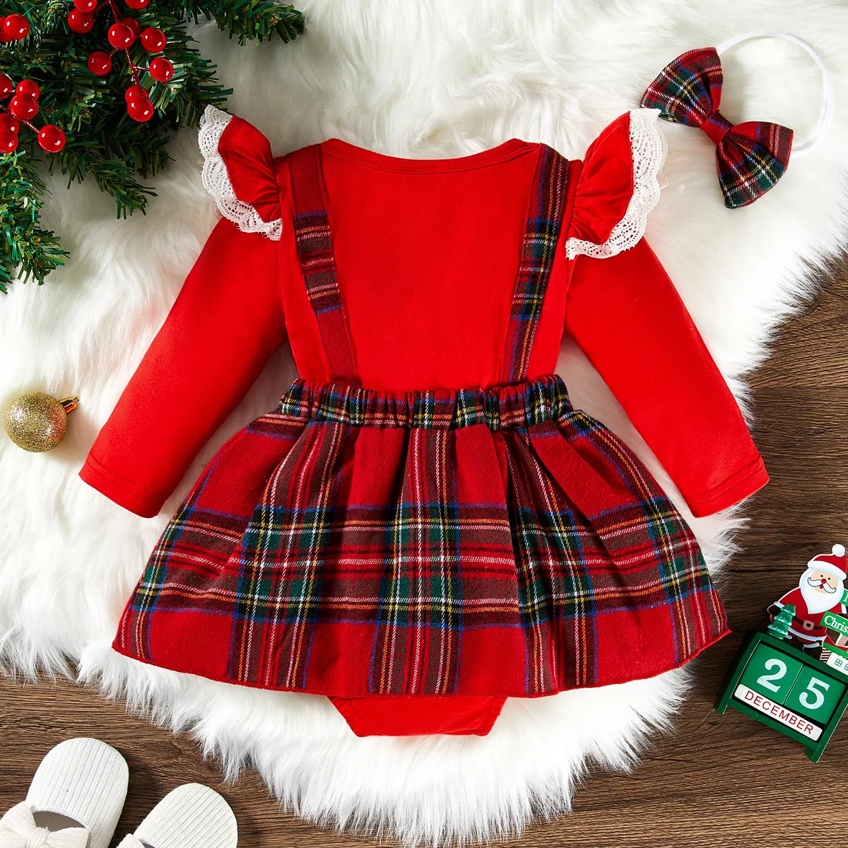 hibobi 2-Piece Baby Girls Flying Sleeve Dress Set, Three-Dimensional Santa Claus Pattern, Suitable For Christmas Party Wear