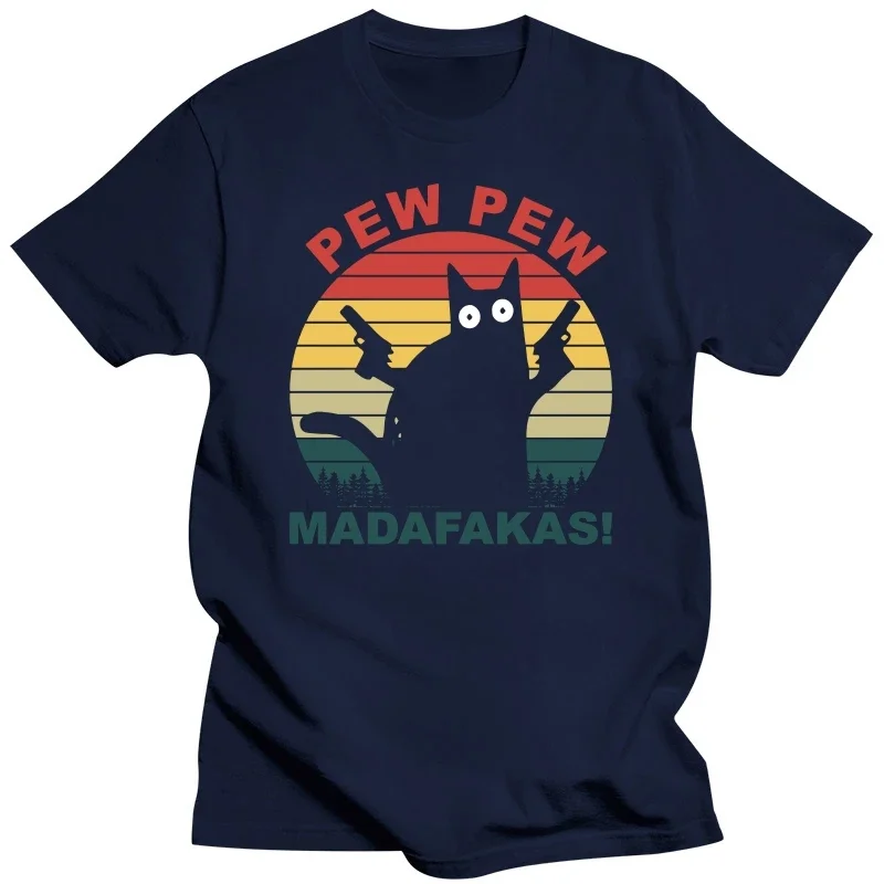 Humor Pew Pew Madafakas Tshirts Men Short Sleeved Print T Shirt Unique Black Funny Cat T-shirt Slim Fit Cotton Tee Tops Oversize