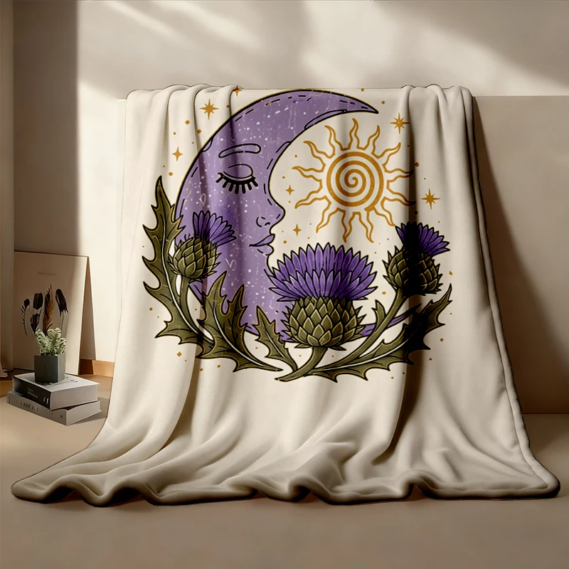 Scottish Thistle Moon Flannel Blanket Celestial Floral Flannel Throw Cottagecore Sun Stars Retro Cozy Blanket Witchy