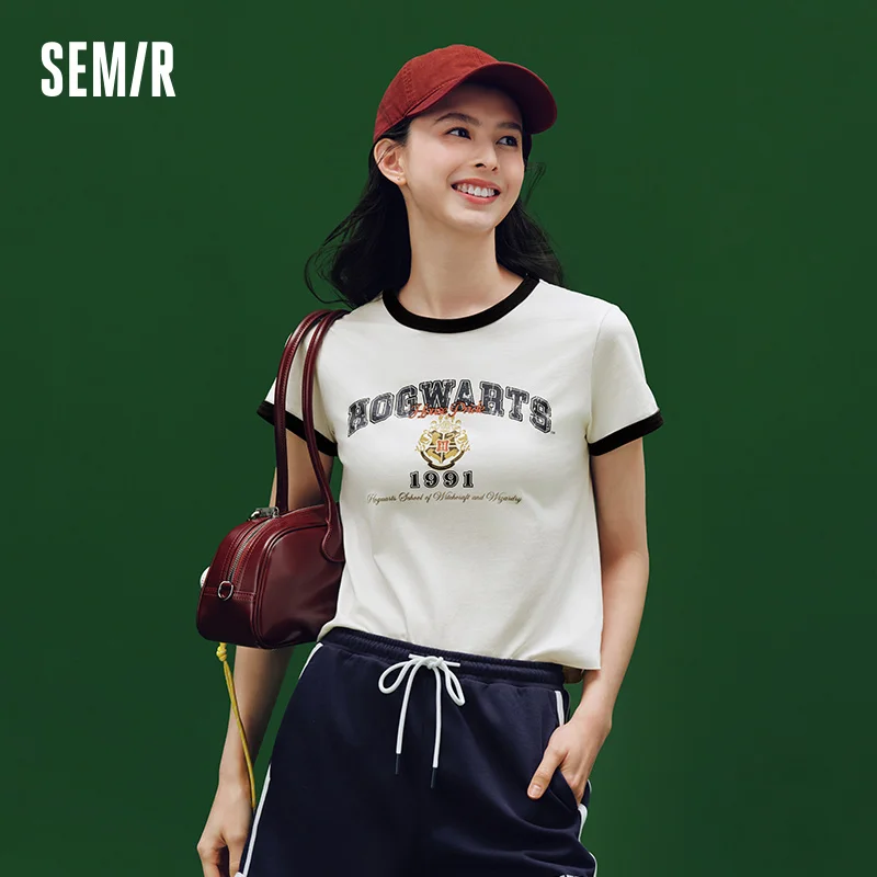 Semir Short Sleeve T-Shirt Women Short Style Color Blocking 2025 New Style Slim Fit Summer Outfit