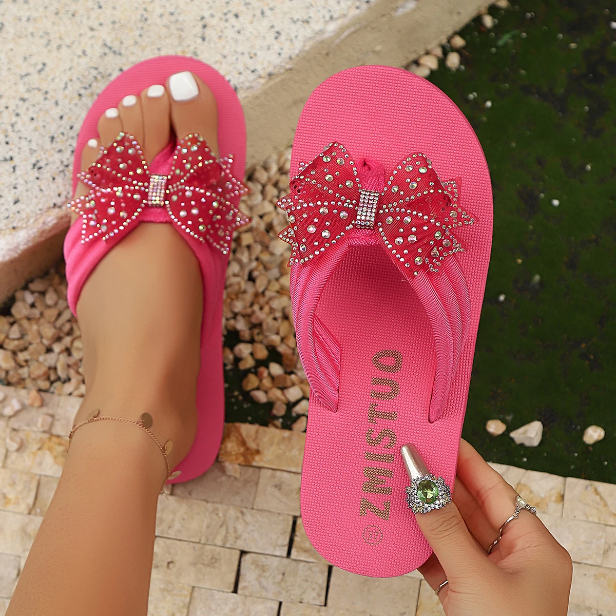 

Women Slippers Shiny Crystal Bowtie Slippers Wedge Flip Flops Summer Clip Toe Platform Shoes Woman Non Slip Sandals Slides Women