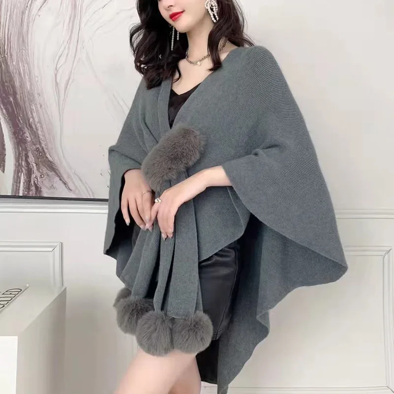 2024 New Autumn Women irregular Knitted Sweater Shawl With Faux Fur Pom pom Cashmere Sweater Cape Female Winter Pashmina Wraps