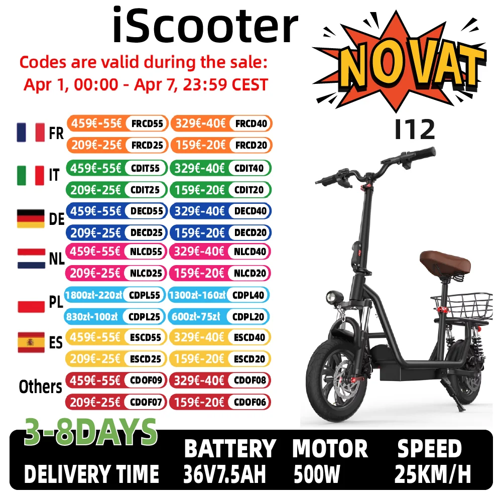 Trottinette électrique pour adultes ISCOOTER I12, moteur 500W, batterie 36V7.5AH, trottinette électrique 12 pouces, trottinette électrique pour les trajets urbains