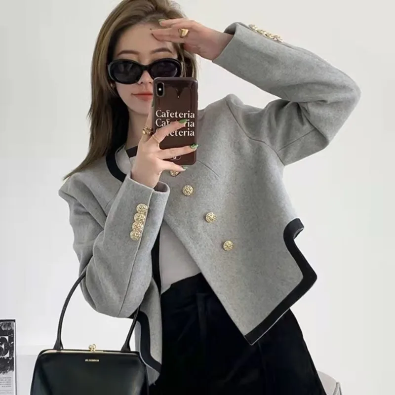 

Gray Irregularity Little Scented Coat Female Spring New Method Sense of Advanced Short Style Woolen Suit Top Fashion