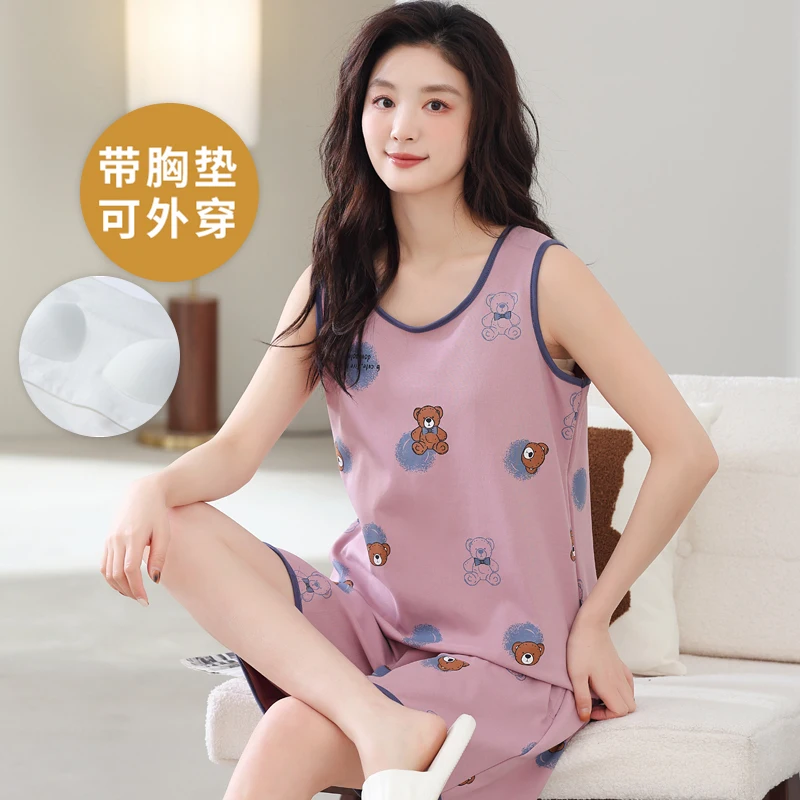 Summer Plus Size Sleeveless Pajama Set Women's Loungewear With Chest Pads Integrated Cotton Sleepwear O Neck Homewear