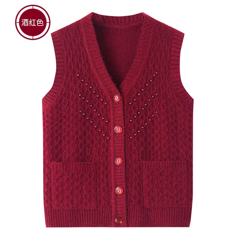 Middle-Aged Elderly Mom Vest Sweater Women\'s Spring Autumn Winter Knitted Sweater Cardigan Jacket Sleeveless Single Breasted Top