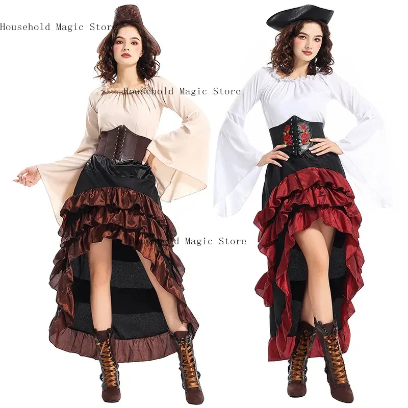 Costume de Pirate médiéval pour femmes d'halloween, capitaine chasseuse, Clubwear, robe Corset à lacets, Costume de jeu, robe de soirée fantaisie Cosplay