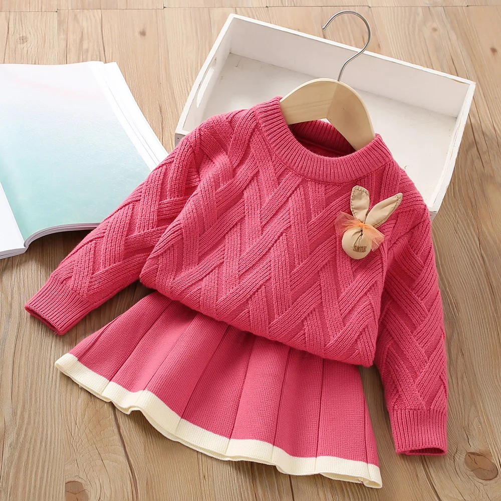 Herbst und Winter neue Mädchen Pullover Set koreanische kurze gestrickte kleine Duft zweiteilige Set Mädchen Baby Vintage Checker Strick-Set – Detail 10