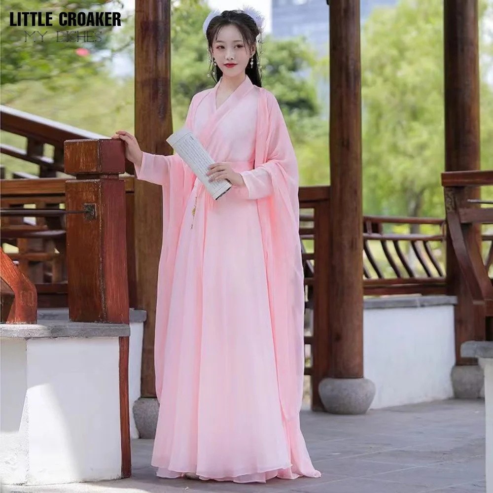 2023 New Hanfu Women Pink Blue Red Dress Folk Dance Costume Chinese Traditional Fairy Ancient Han Dynasty Princess Stage Outfits