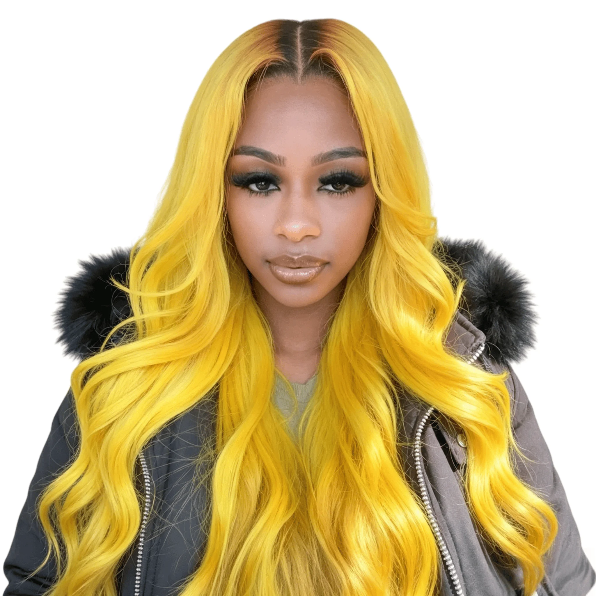 

Yellow Straight 13x6 Lace Front Wig with Black Roots Colored Human Hair Pre Plucked Transparent Lace Frontal Wig for Black Women