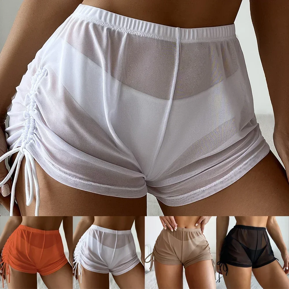 Pantalones cortos de baño para mujer, deportes de verano, playa, Bikini de cintura alta, traje de baño transparente con cordón, pantalones cortos Tankini