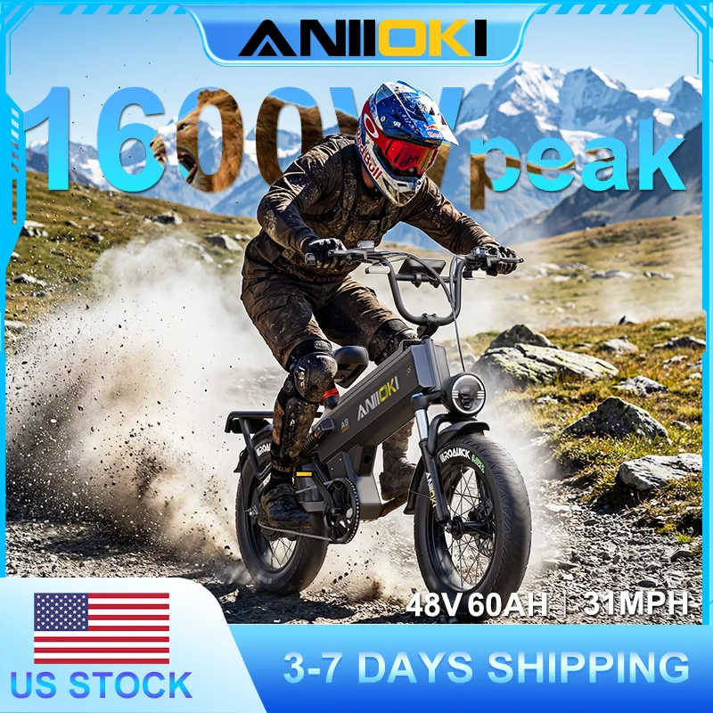 

Электровелосипед ANIIOKI 2026 с пиковой мощностью двигателя 1600 Вт, аккумулятором 48В 60Ач, скоростью до 31 миль/ч, толстыми шинами 20"*4", модель A8 Pro Max
