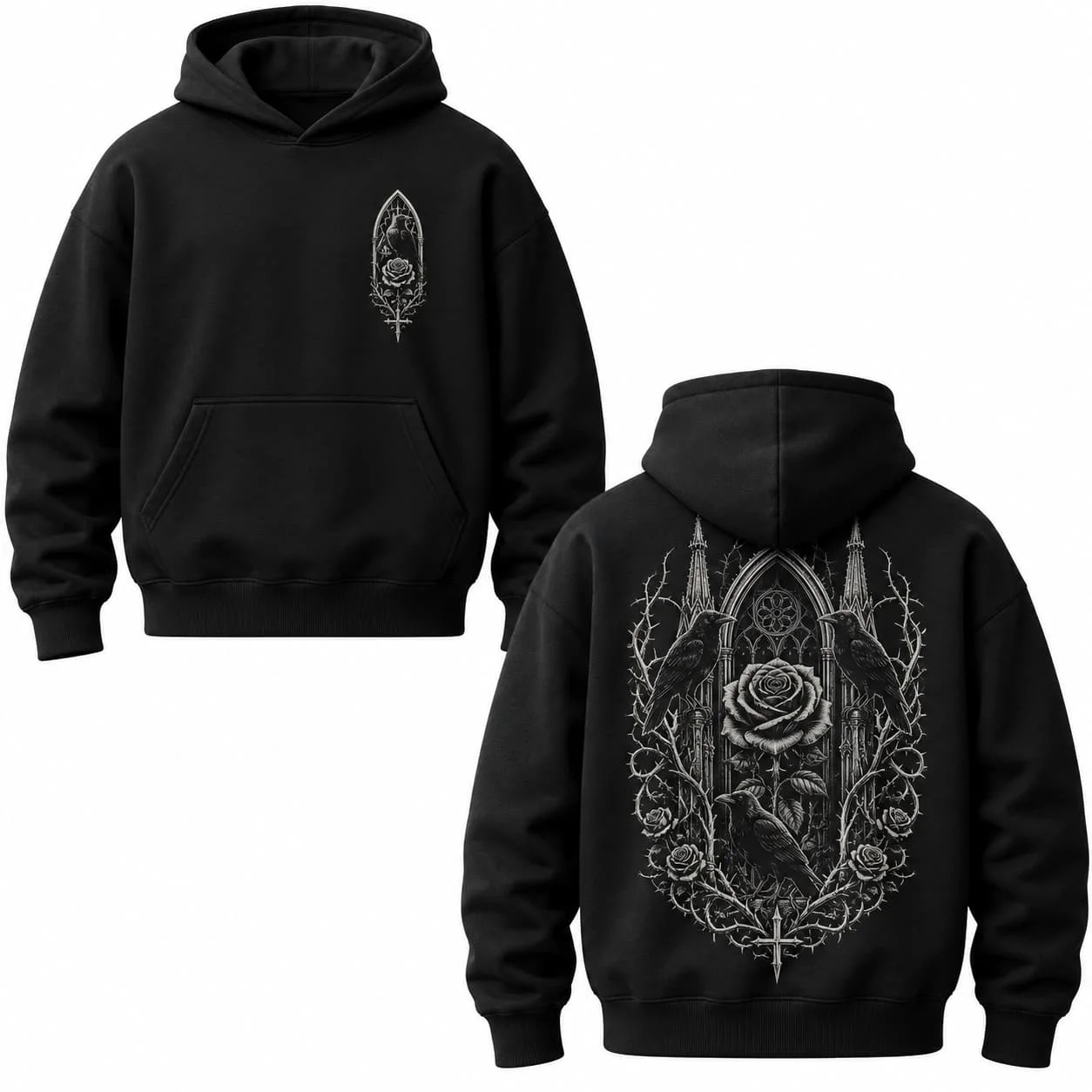 Autumn Winter Casual Gothic Raven Rose Thorn Print Men hooded sweatshirt Women Boys coat Top Parent Child Kid 's Cotton Hoodie