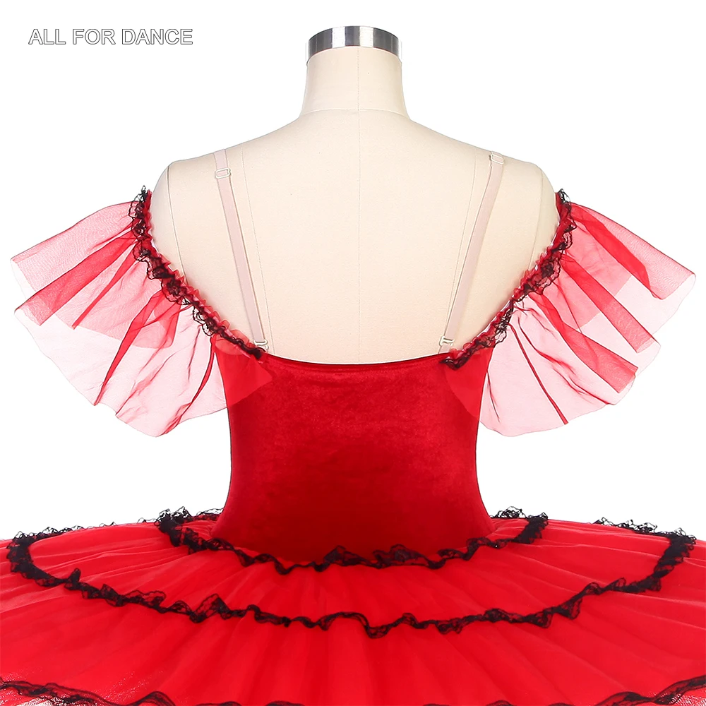 Bll428 fora do ombro ballet panqueca tutu vermelho veludo spnish tutu vestido 3 camadas ballet dança tutus para desempenho adulto